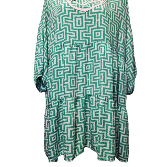 Ruby Rd. dress Women's XL Green white trellis print Split neck 3/4 puff sleeves - Picture 7 of 16